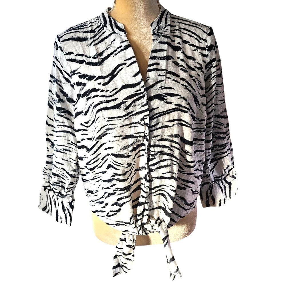 INC Cotton Animal Zebra Print Button Up Front Tie Shirt Size Medium